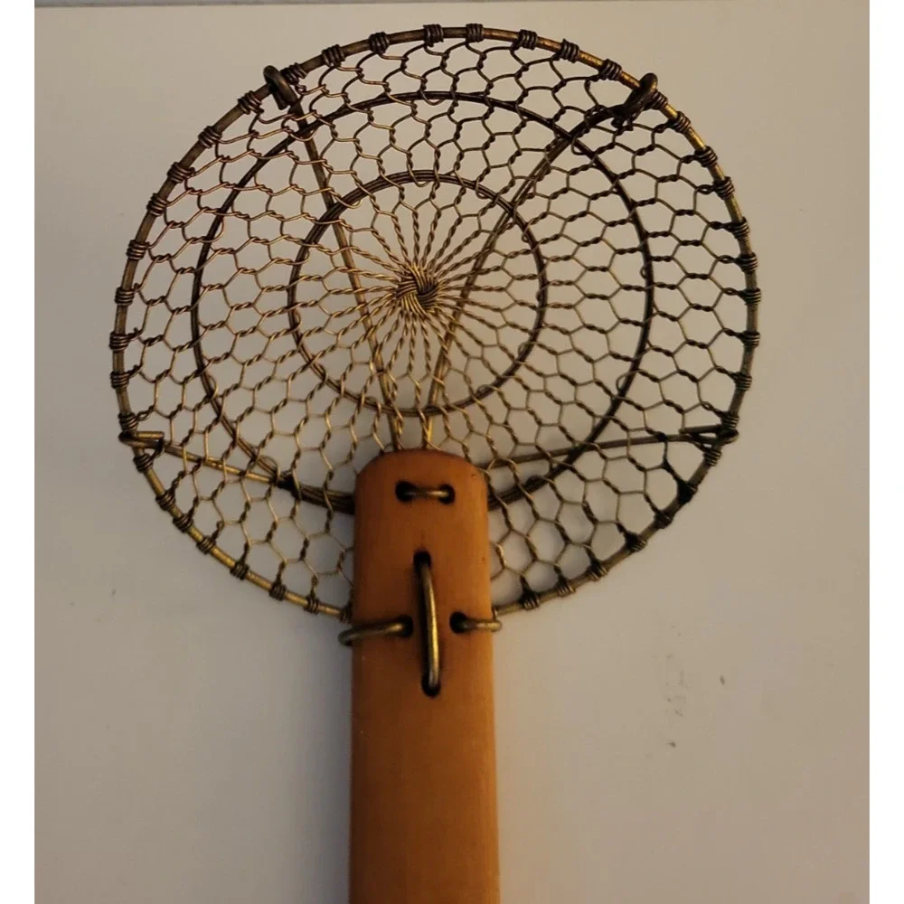 TWISTED COPPER WIRE SKIMMER STRAINER COLANDER WOOD HANDLE 15